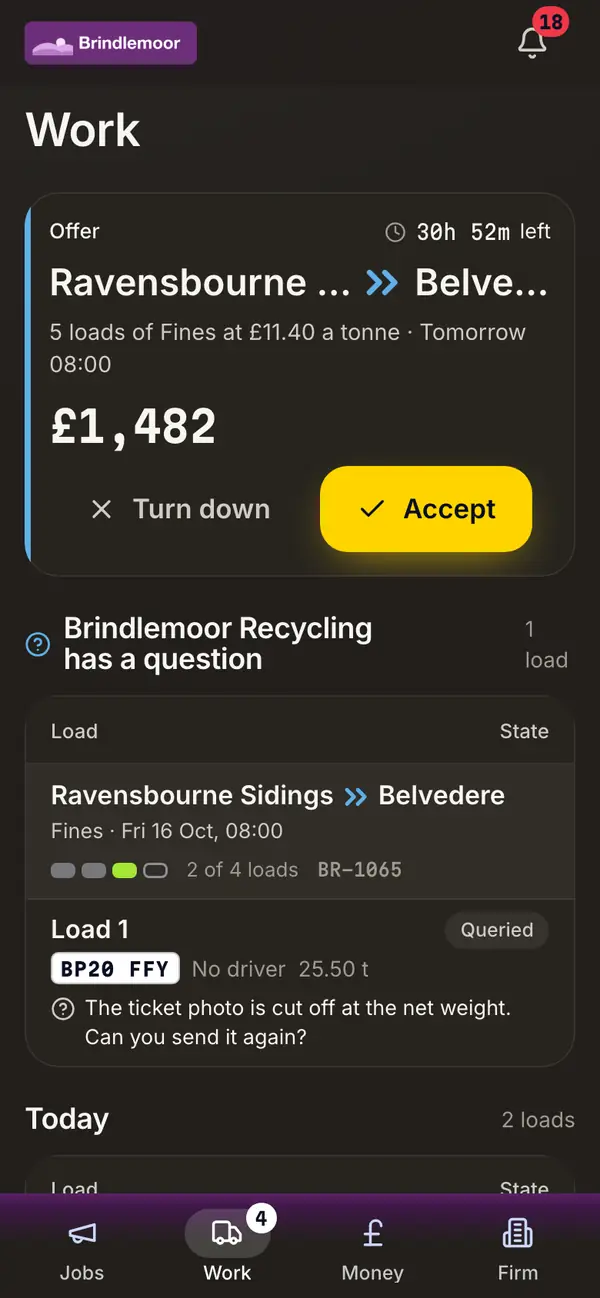 A haulier's phone with an offer to accept