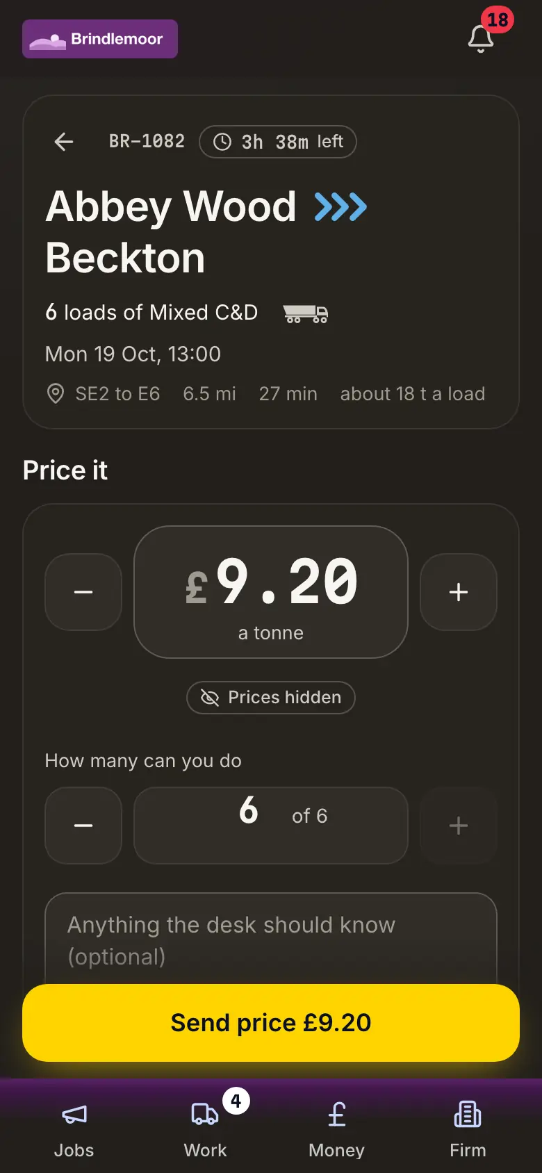 A haulier pricing a job on their phone