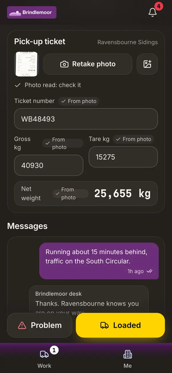 A driver's phone with the ticket photo and the weights read from it
